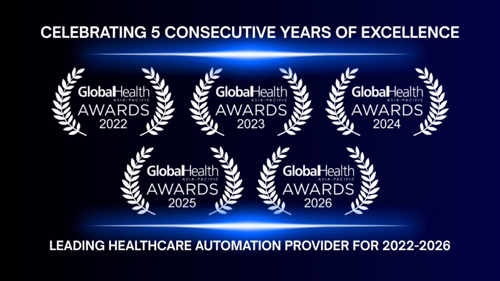 Banner celebrating five consecutive years of excellence with Global Health Awards 2022–2026 and a tagline about leading healthcare automation (2022–2026).