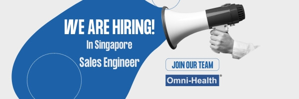 We are hiring! Sales Engineer in Singapore, with a megaphone and JOIN OUR TEAM badge from Omni-Health.