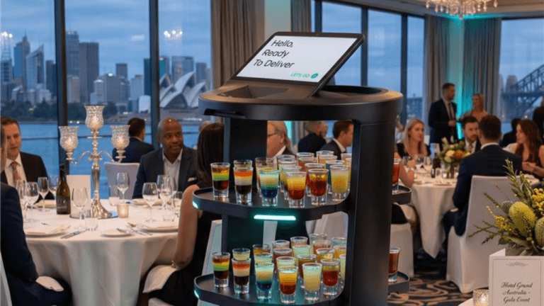 Formal dinner event with round tables and a multi-tier drink tower of rainbow cocktails in the foreground.