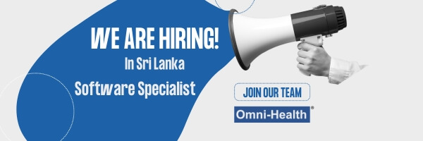 Hiring banner: 'We are hiring! In Sri Lanka Software Specialist' with a megaphone and 'Join our team' badge for Omni-Health.