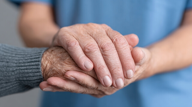 Close-up of an elderly hand resting in a caregiver's supportive grip, conveying care and companionship.